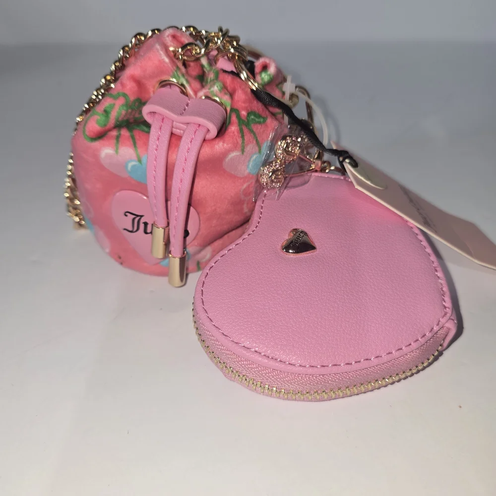 Juivy Couture Pink Heart Coin Purse Drawstring Pouch Keychain Set